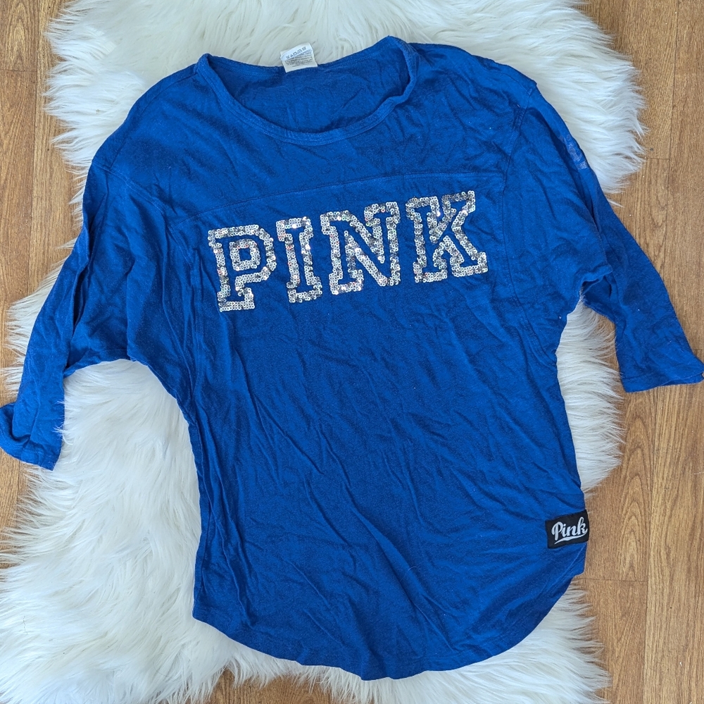 PINK Victoria's Secret Sequin Bling Jersey Style Half Sleeve T-shirt Blue